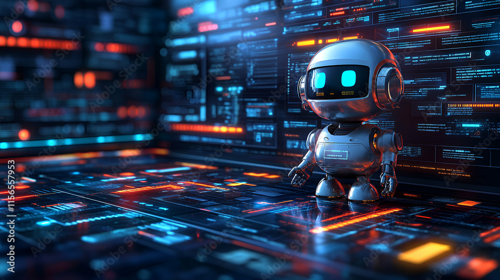 Obraz premium Futuristic Robot Navigates Digital Interface: Exploring AI's Potential in Data Processing, Innovation, and Technological Advancements.