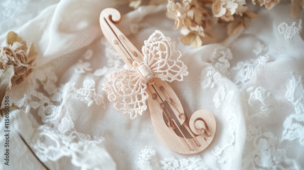 Wooden violin ornament with lace bow on fabric. Wooden violin ornament with lace bow on fabric.
