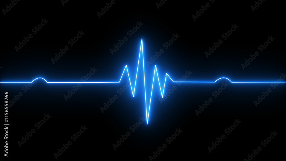 Blue glowing neon heart pulse. Heart beat. Electrocardiogram. One pulse line. ECG heartbeat monitor, Pulse heart rhythm, heartbeat cardiogram, medical line icon on black background.	