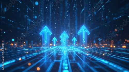 Three abstract blue glow speed arrows rise up. Concept of business target reach or successful investment. Low poly vector illustration in futuristic style. Neon glow of lines, connected dots, shapes.