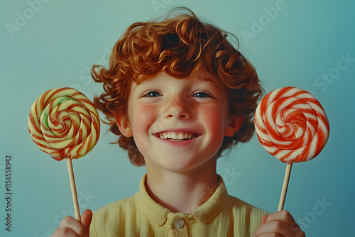 Delightful Happiness: A Boy's Sweet Adventures with Lollipops Against a Blue Horizon. photo