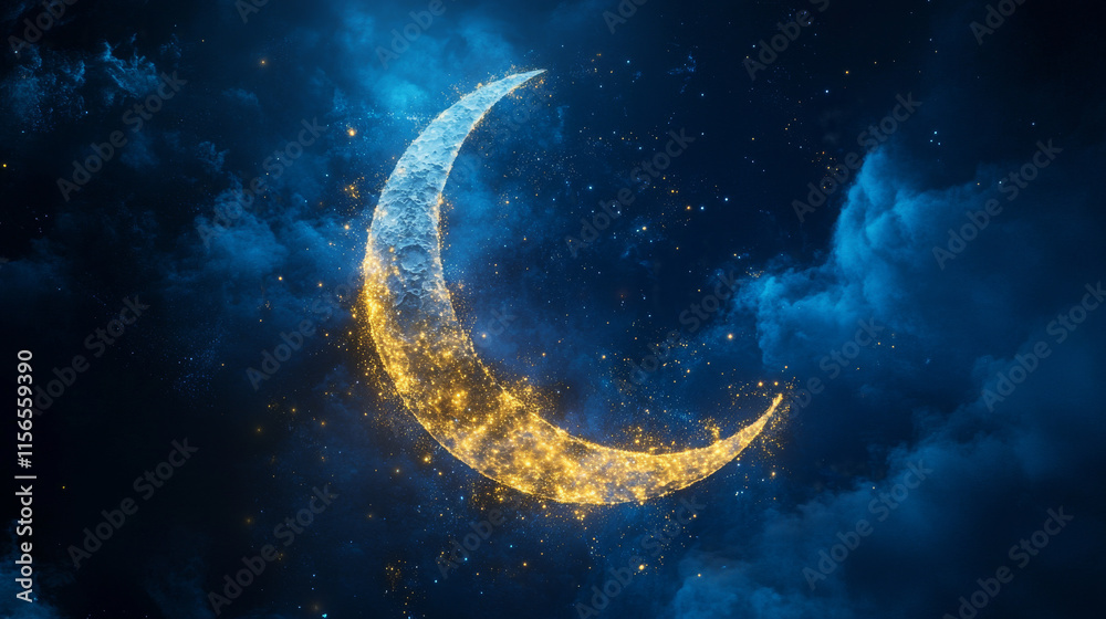 Hologram Of Ramadan Kareem. Holographic projection of the Islamic Crescent. Flickering energy flux of particles. Scientific design religion. Hologram Of Ramadan Kareem. Holographic projection of the Islamic Crescent. Flickering energy flux of particles. Scientific design religion.