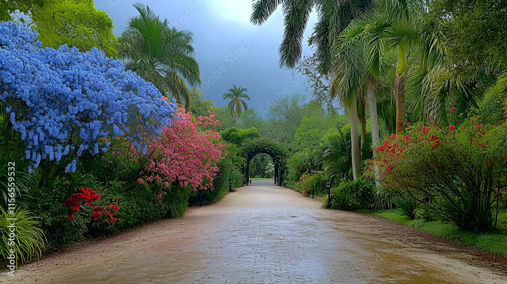 Obraz premium Lush Garden Path Leads to Archway, Blooming Flowers and Palm Trees Surround Pathway Under Stormy Sky