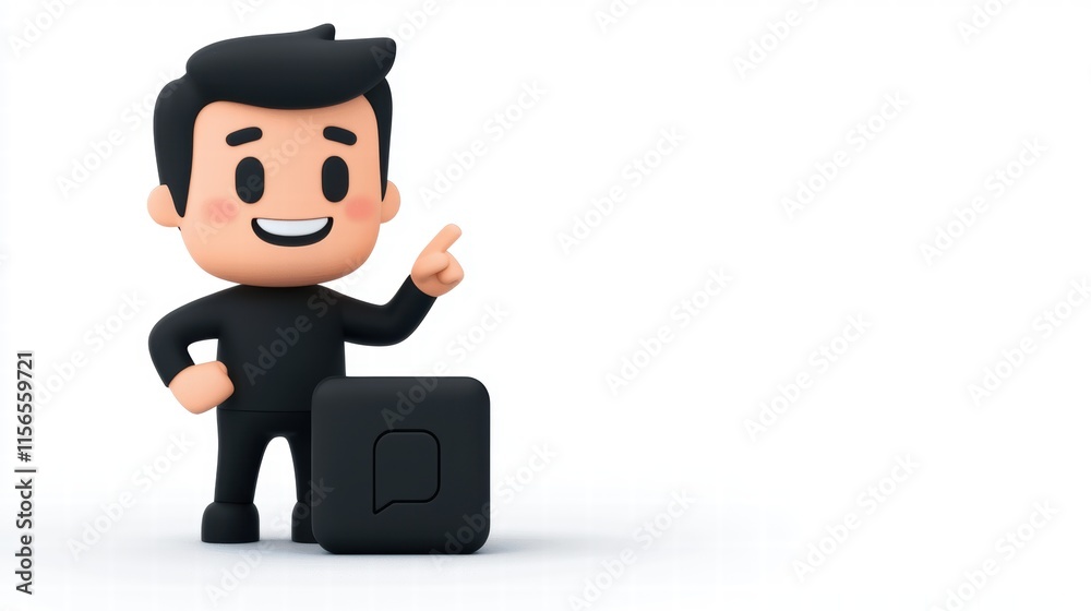 Smiling 3D Illustration of a Cheerful Man Pointing with a Speech Bubble Smiling 3D Illustration of a Cheerful Man Pointing with a Speech Bubble