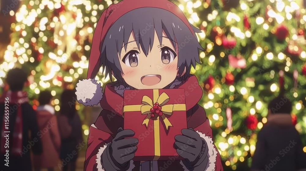 Anime Character in Santa Hat Holding Gift with Christmas Lights Background Anime Character in Santa Hat Holding Gift with Christmas Lights Background