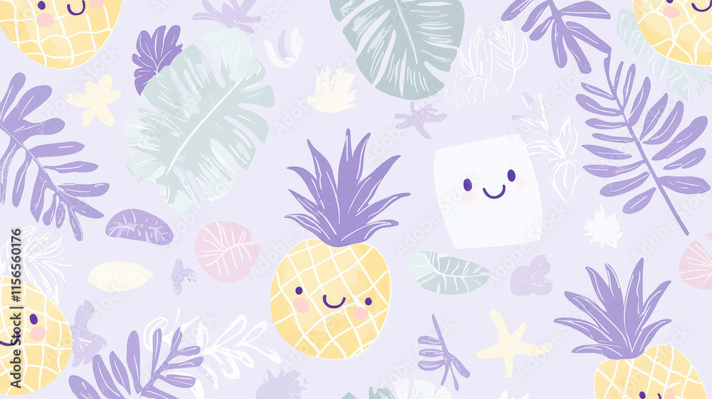 A pale lavender background with kawaii-style palm leaves, pineapples, and beach towels in a pastel palette, creating a relaxed and fun vacation vibe. A pale lavender background with kawaii-style palm leaves, pineapples, and beach towels in a pastel palette, creating a relaxed and fun vacation vibe.