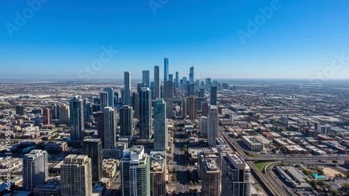 A high angle, medium shot of a city skyline displays urban growth. The image is intended to showcase modern architecture. photo