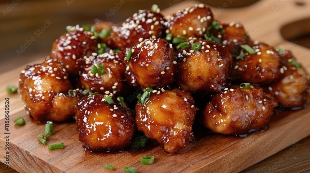 Crispy Sweet and Sour Sauce Coated Chicken Bites on Wooden Platter Crispy Sweet and Sour Sauce Coated Chicken Bites on Wooden Platter