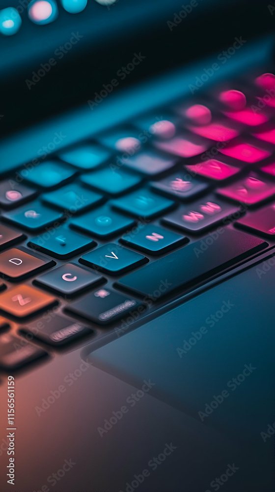 Illuminated Keyboard, Keys Glowing with Neon Hues, Reflecting Digital Brilliance in a Dark Room Illuminated Keyboard, Keys Glowing with Neon Hues, Reflecting Digital Brilliance in a Dark Room