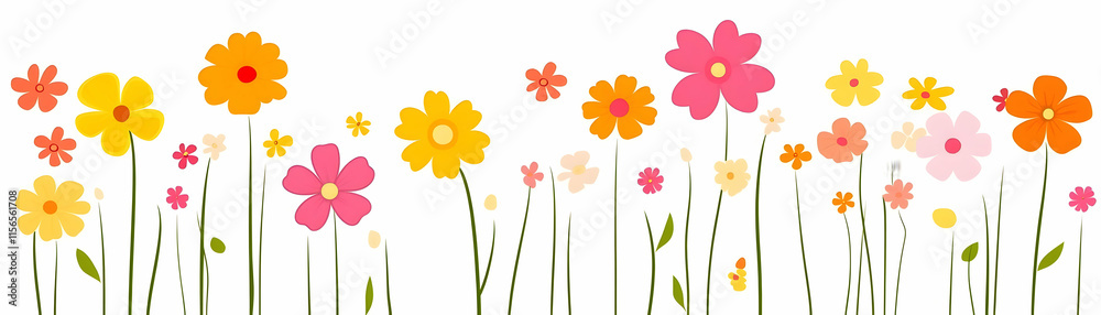 Naklejka premium Vibrant Flower Meadow, Blossoms Bloom Brightly in Spring's Warm Embrace