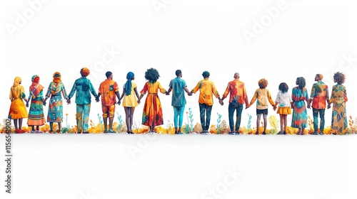 Flat Group: Diverse group of people holding hands in a circle, with cultural patterns in their outfits