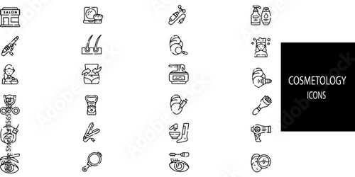 Cosmetology simple concept 24 icons set. Contains such Body, lips, cream, face, depilation,skin care, cosmetologist .Vector illustration.