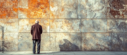 Elderly man in contemplation before historic textured wall with ample blank space for inspirational messages or reflections photo