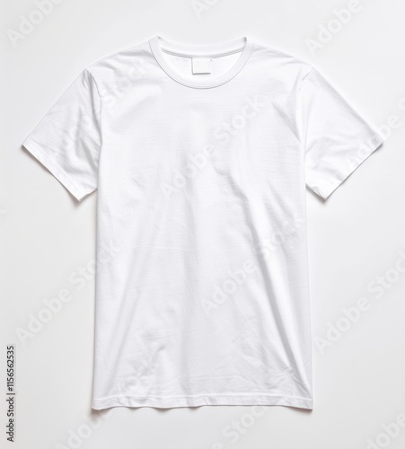 A plain white t-shirt is displayed against a minimalistic background, offering versatility for various design projects, Ideal for fashion branding, online retail, or graphic design mockups,