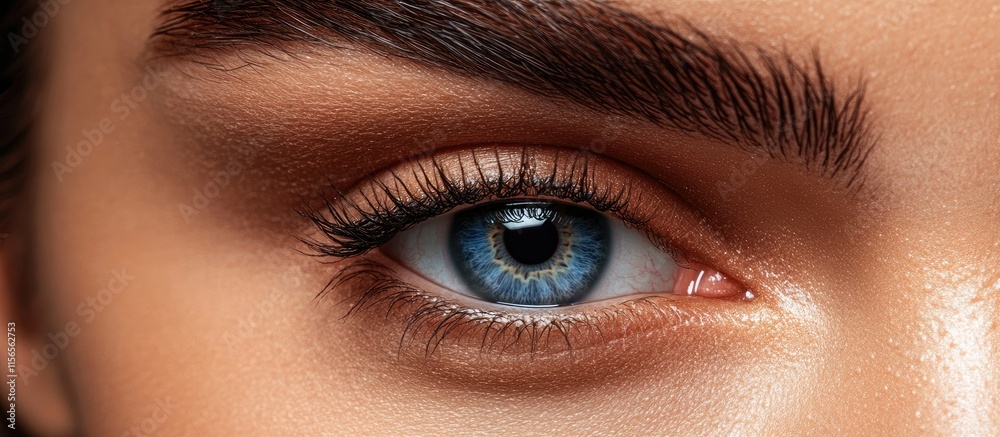 Naklejka premium Close up of a woman's eye featuring a striking blue iris highlighting natural beauty with space for text or branding adjustments