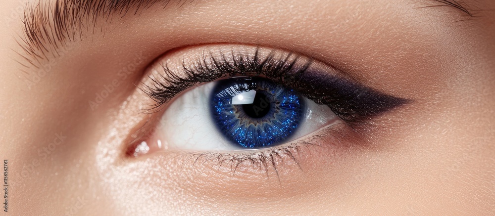 Fototapeta premium Close up of a woman's eye showcasing vibrant blue iris and elegant eyeliner with ample space for text or branding.