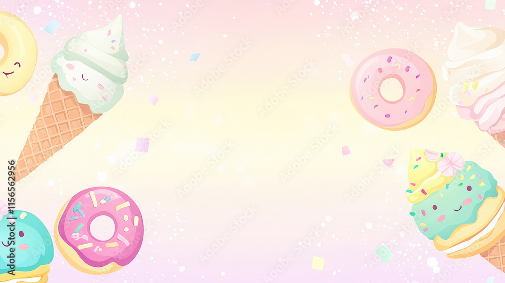 A pastel gradient background with kawaii-style ice cream cones, donuts, and macarons, surrounded by light pastel confetti and sparkles, creating a fun and sugary atmosphere. A pastel gradient background with kawaii-style ice cream cones, donuts, and macarons, surrounded by light pastel confetti and sparkles, creating a fun and sugary atmosphere.