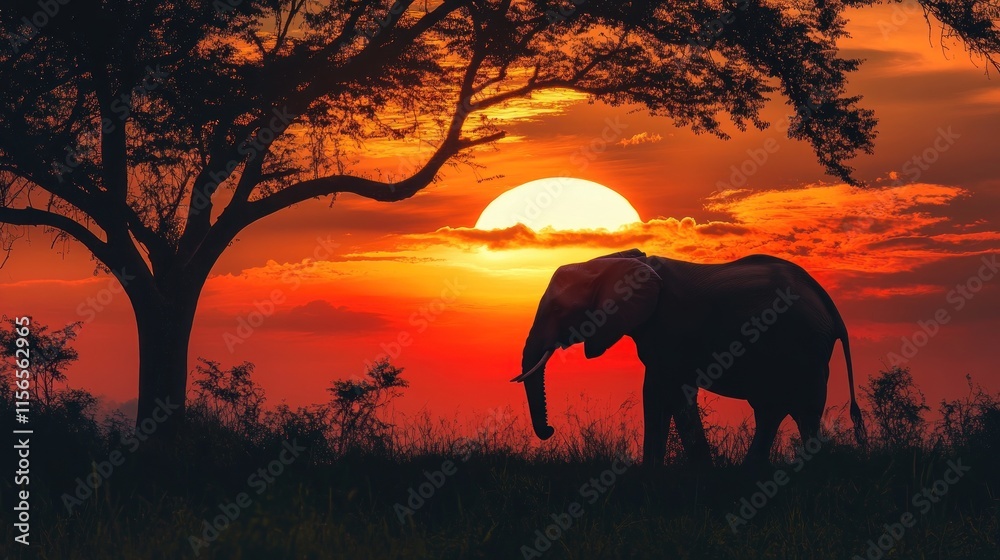 Fototapeta premium Elephant silhouette at sunset in African savanna.