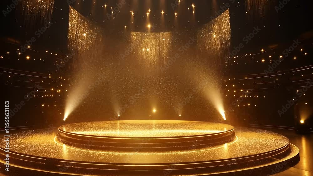 4K 3D award party stage golden stage glitter animation. Stars, lights and particles. Luxury gold light streak. Particle, luxury awards ceremony background, awards performance. 3D illustration
