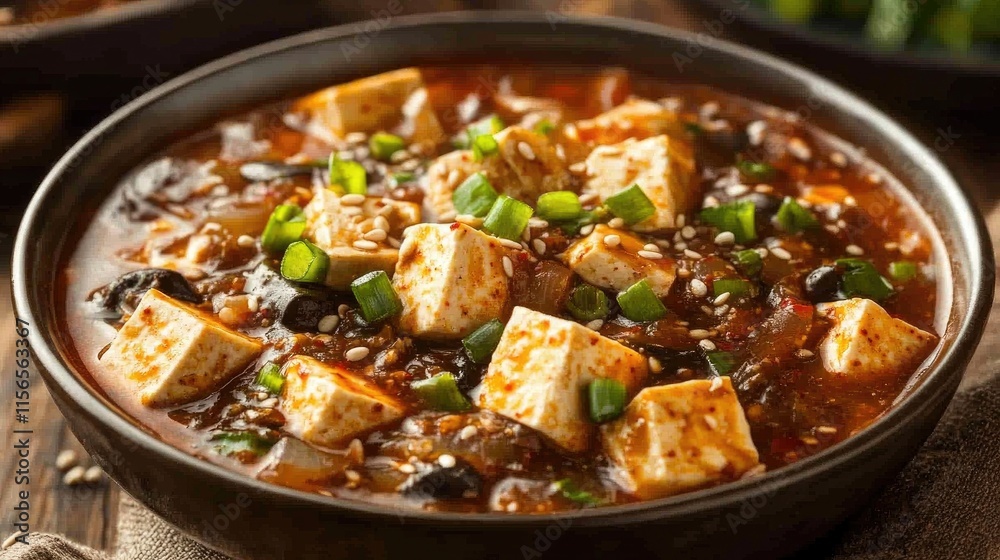 Spicy Tofu Stew with Vegetables and Green Onions in Bowl Spicy Tofu Stew with Vegetables and Green Onions in Bowl