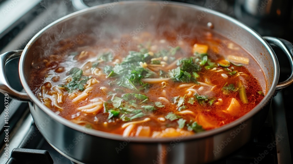Fresh Hot Vegetable Soup with Herbs Cooking in a Pot Fresh Hot Vegetable Soup with Herbs Cooking in a Pot