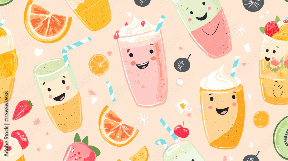 A pastel peach background featuring kawaii-style smoothies, milkshakes, and fruit bowls with cheerful faces and pastel accents, creating a bright, healthy vibe. A pastel peach background featuring kawaii-style smoothies, milkshakes, and fruit bowls with cheerful faces and pastel accents, creating a bright, healthy vibe.