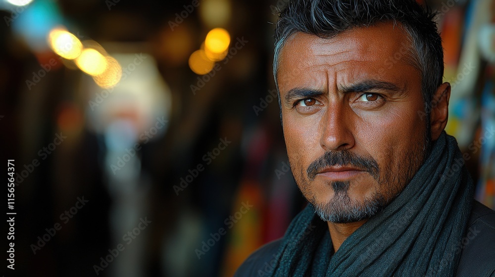 Close-up portrait of a serious middle-aged man with graying hair and beard, wearing a scarf, against a blurred city background. Close-up portrait of a serious middle-aged man with graying hair and beard, wearing a scarf, against a blurred city background.