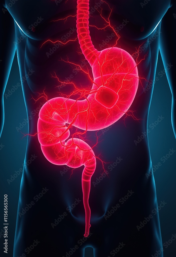 human stomach with its nervous system illuminated in vibrant, electric red, as if infused with an otherworldly energy human stomach with its nervous system illuminated in vibrant, electric red, as if infused with an otherworldly energy