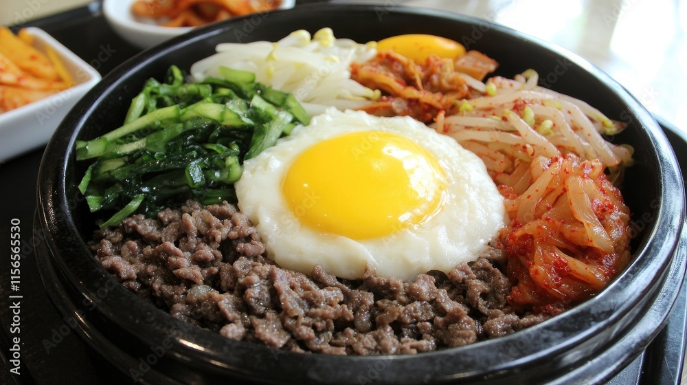 Savory Korean Bibimbap with Fresh Vegetables and Egg Yolk Savory Korean Bibimbap with Fresh Vegetables and Egg Yolk