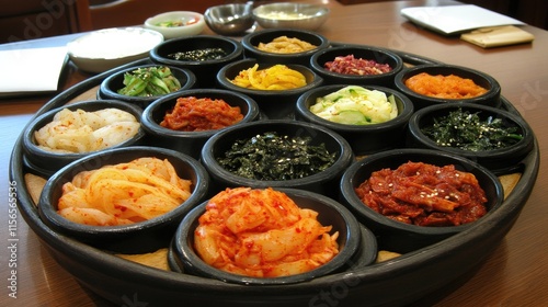 Colorful Variety of Side Dishes in Korean Cuisine with Kimchi