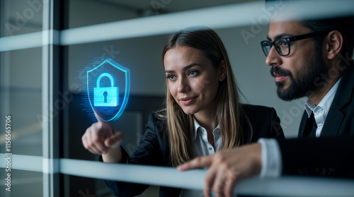 Business professionals discussing cybersecurity with a holographic lock icon, symbolizing data protection, modern technology, and digital security