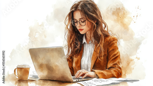 Wallpaper Mural Watercolor illustration of businesswoman working on laptop Torontodigital.ca