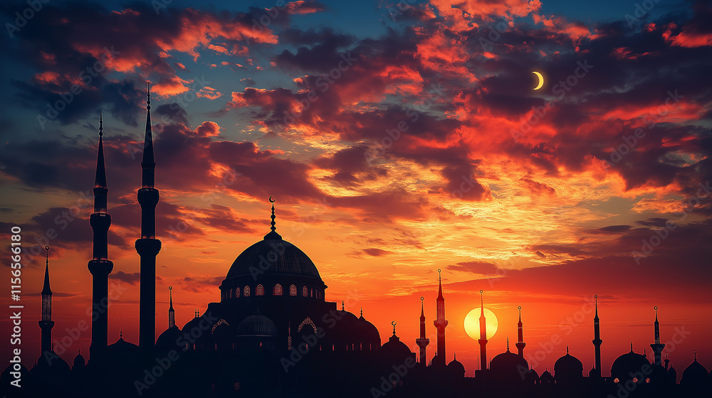 Fototapeta premium A silhouette of a mosque against a vivid sunset, with crescent moon lanterns lining the horizon