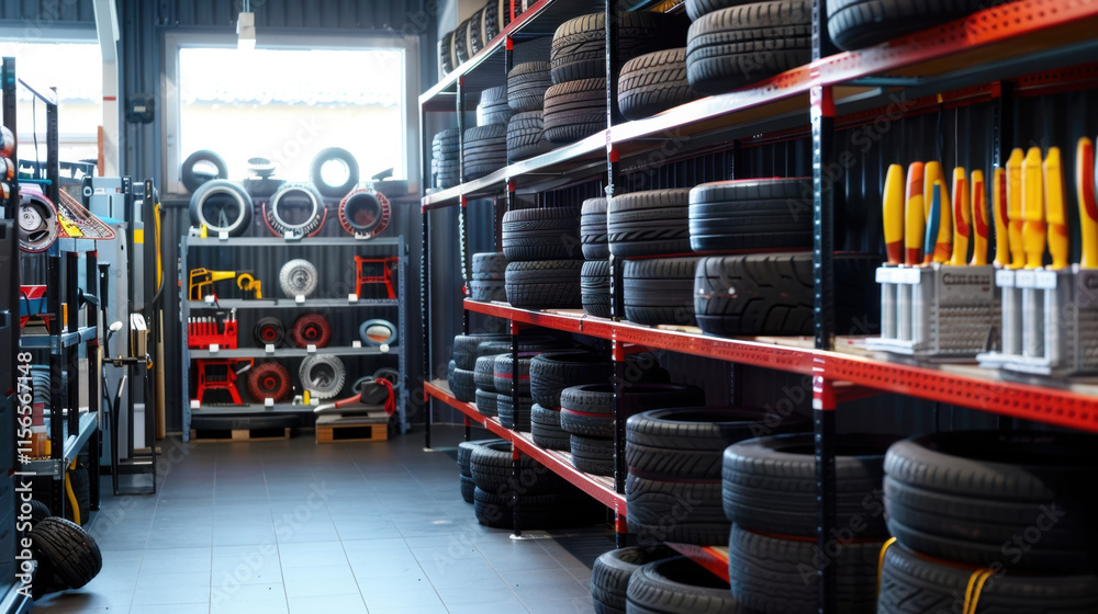Fototapeta premium Neatly organized tire shop interior with stacks of tires and tools