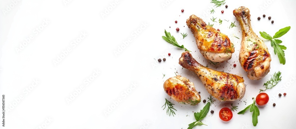 Grilled chicken drumsticks with herbs and tomatoes on white background for text space culinary delight healthy eating Grilled chicken drumsticks with herbs and tomatoes on white background for text space culinary delight healthy eating