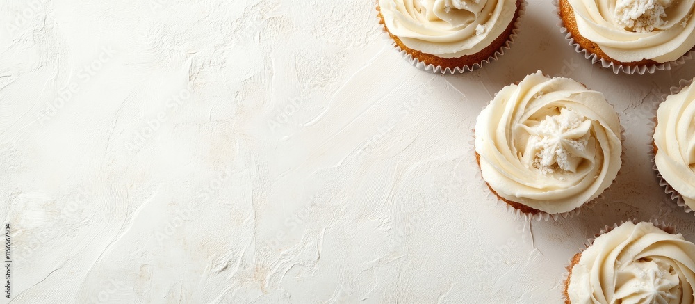 Φωτογραφία Close-up of freshly baked cupcakes with creamy frosting arranged on a white background ideal for custom text or promotional content