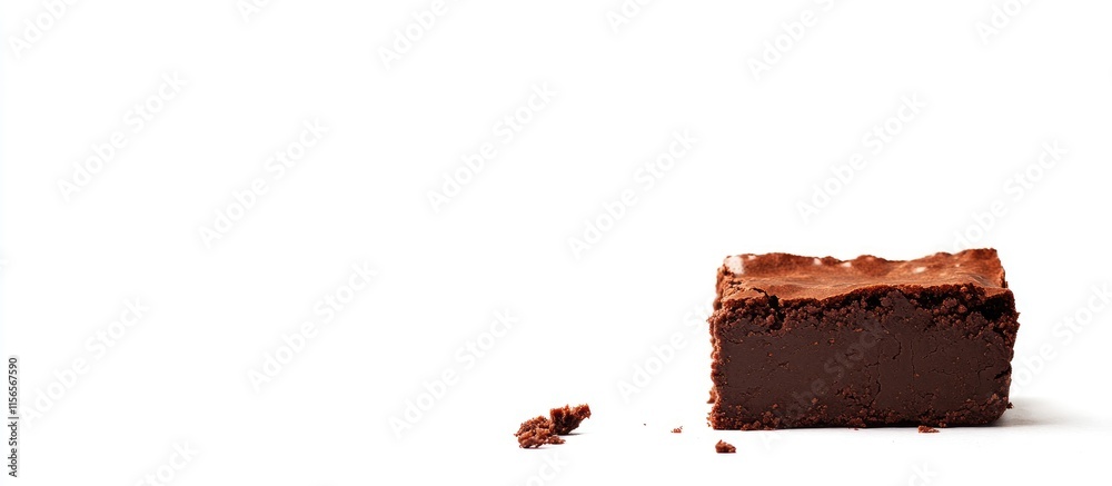 Chocolate fudge brownie slice on a white background with space for text featuring a halved portion and a crumb piece beside it Chocolate fudge brownie slice on a white background with space for text featuring a halved portion and a crumb piece beside it