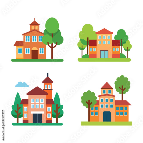 A set of school building with trees vector art illustration