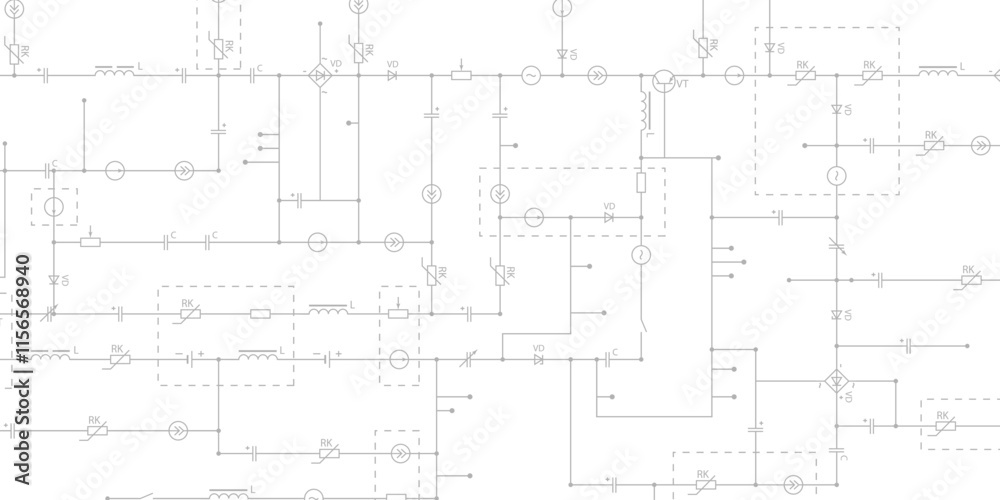 Electrical circuit diagram. Light industry background with components of conductors, connections, contour, controllers, transistors