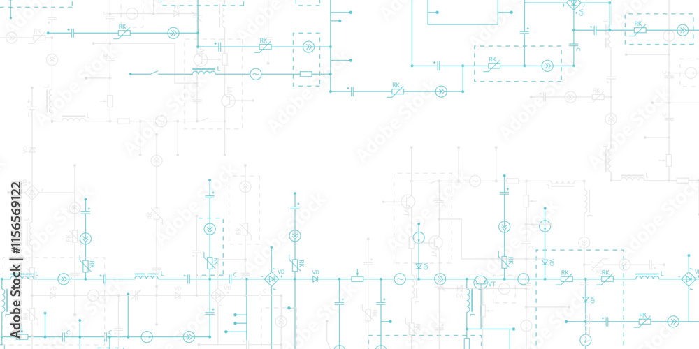 Electrical circuit diagram. Light tech background with borders from components of conductors, connections, controllers, transistors Electrical circuit diagram. Light tech background with borders from components of conductors, connections, controllers, transistors