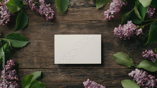 Floral business card mockup featuring lilac flowers and leaves elegantly arranged on a rustic wooden table with flat lay perspective. photo