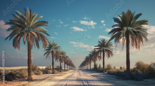 A serene dirt road lined with palm trees under a clear blue sky.