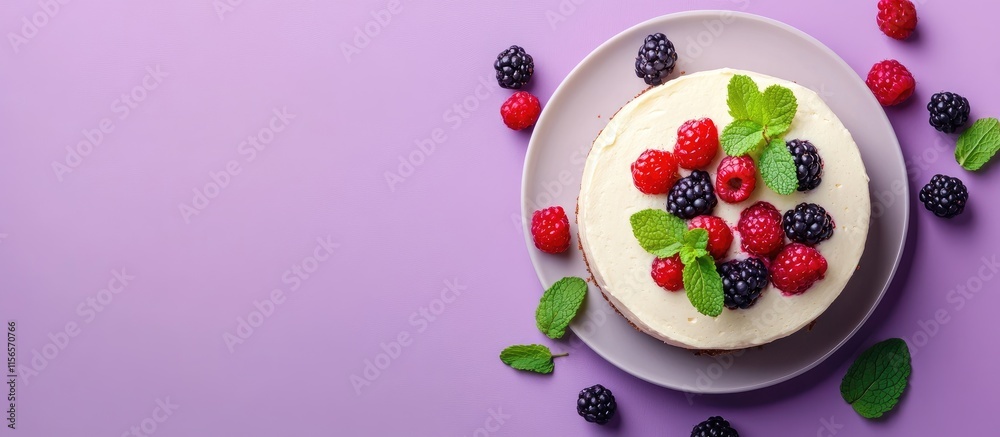 Elegant cake topped with fresh berries and mint on a vibrant purple background with ample space for personalized text or branding Elegant cake topped with fresh berries and mint on a vibrant purple background with ample space for personalized text or branding