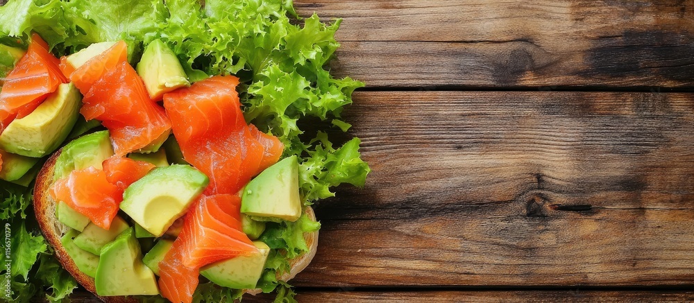 Bruschetta topped with avocado and salmon on wooden background with empty space for text or design addition Bruschetta topped with avocado and salmon on wooden background with empty space for text or design addition