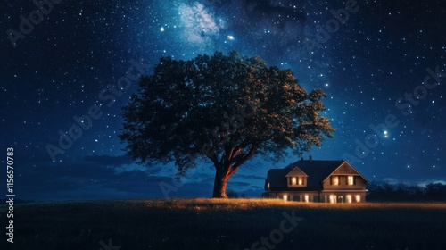 Wallpaper Mural Night scene of a lit house beside a large tree under a starry sky. Torontodigital.ca