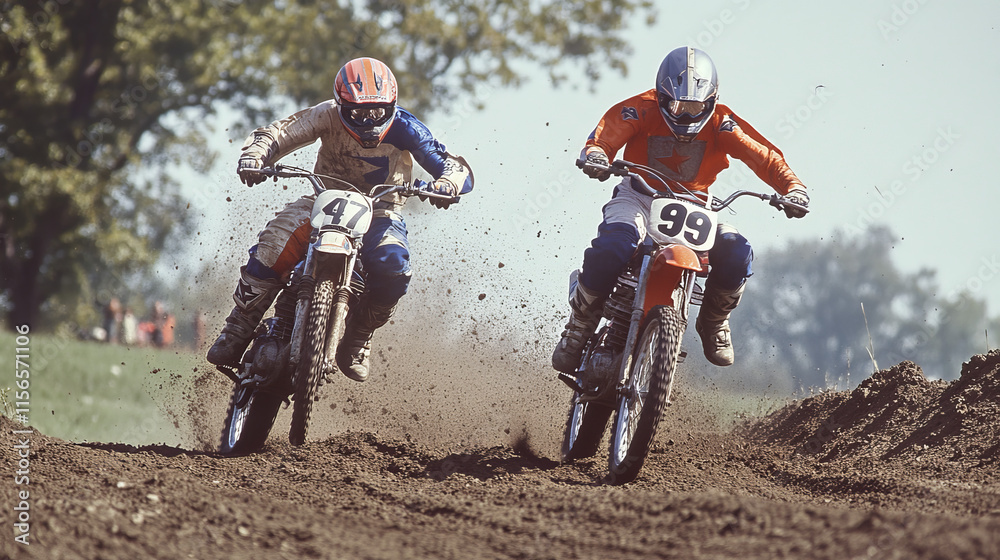 Motocross particles. Motocross competition. Two motorcyclists race. Motocross particles. Motocross competition. Two motorcyclists race.