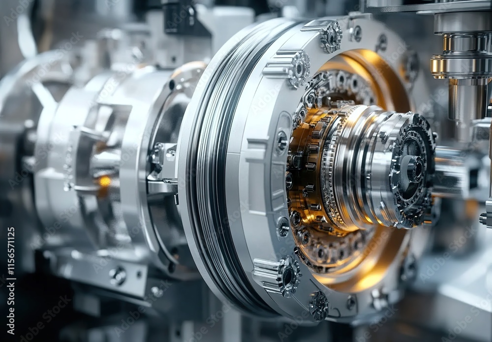 Fototapeta premium Close-up of an industrial engine's main lens, showcasing its complex mechanical components and intricate designs.