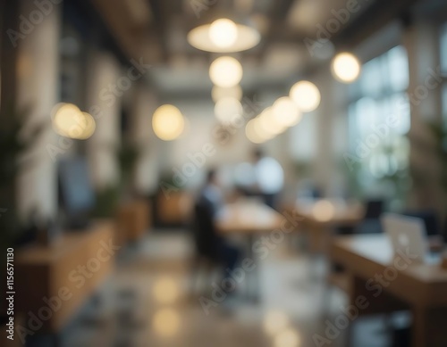 Blurred Office Space Showing Workers and Lighting