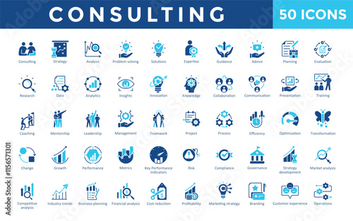 Consulting icons set with consulting, strategy, analysis, problem solving, solutions, expertise, guidance, advice, planning, evaluation icon. Simple flat vector 
