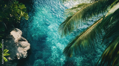 Tropical lagoon with crystal clear waters and lush palm trees creating an inviting and serene atmosphere for relaxation and escape photo